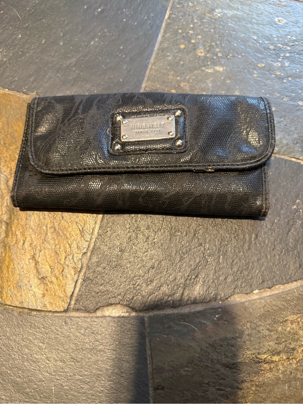 Nine West Black Textured Trifold Wallet with Metal Logo Plate